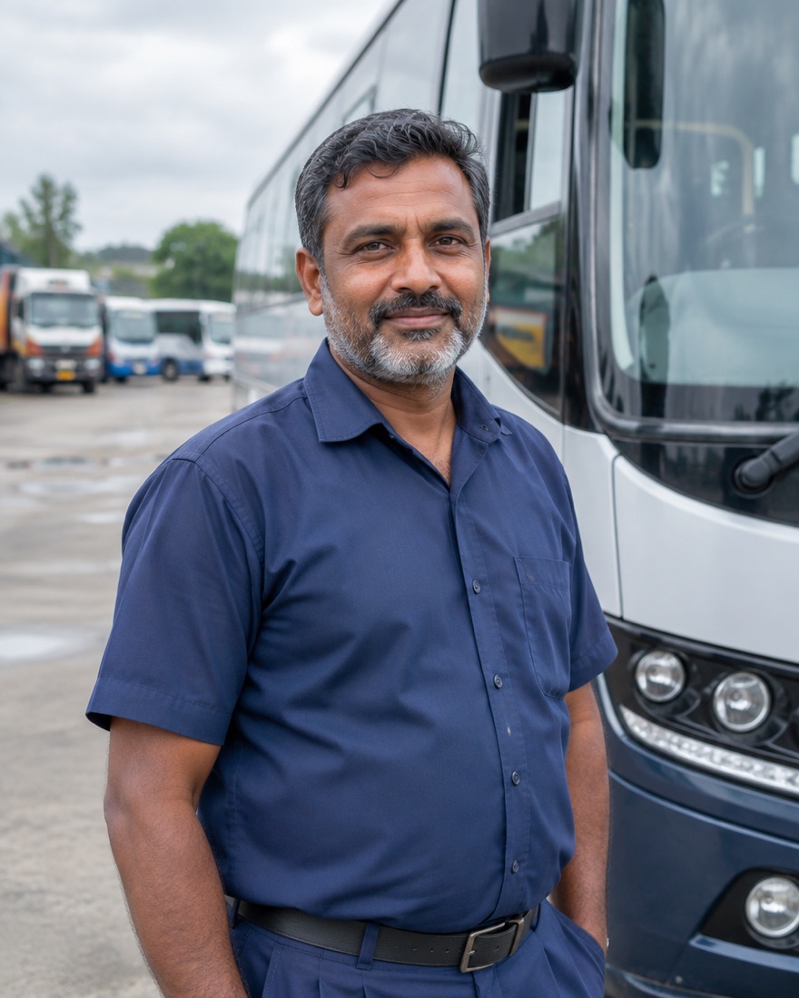 Professional driver in uniform standing beside a coach bus
